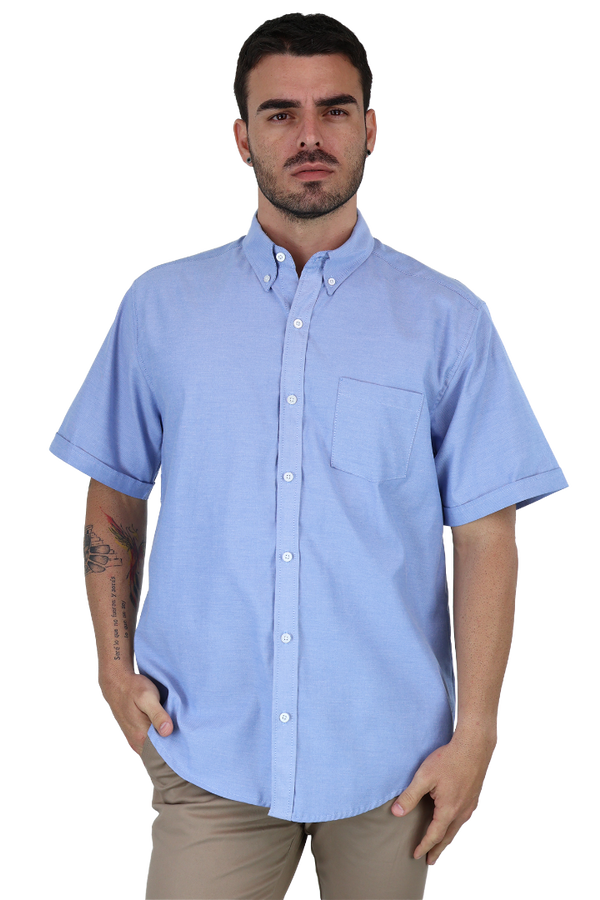 Camisa Manga Corta Color Azul Con Bolsa Cuello Americano Para Hombre