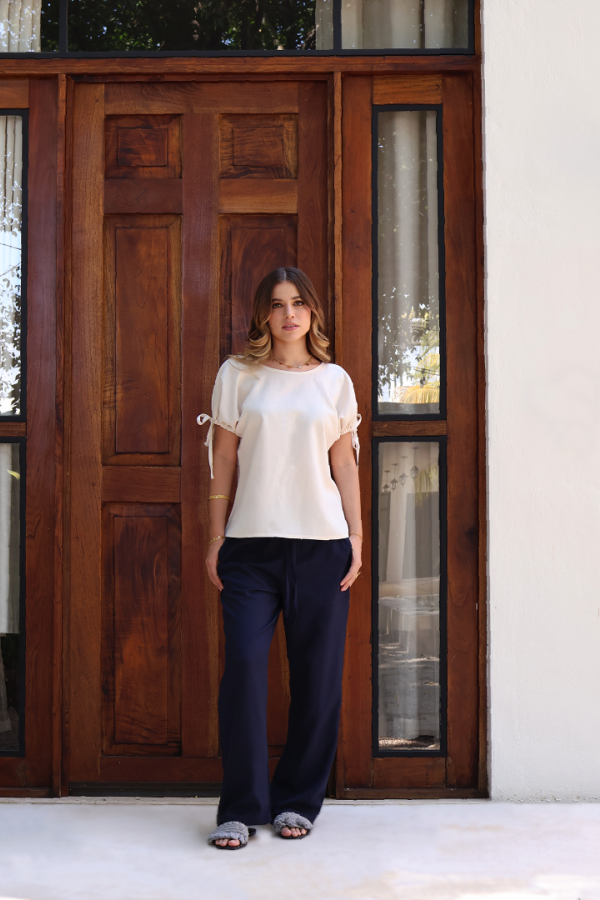 Pantalón Textura Lino Azul Marino Con Bolsillos Holdago Para Mujer