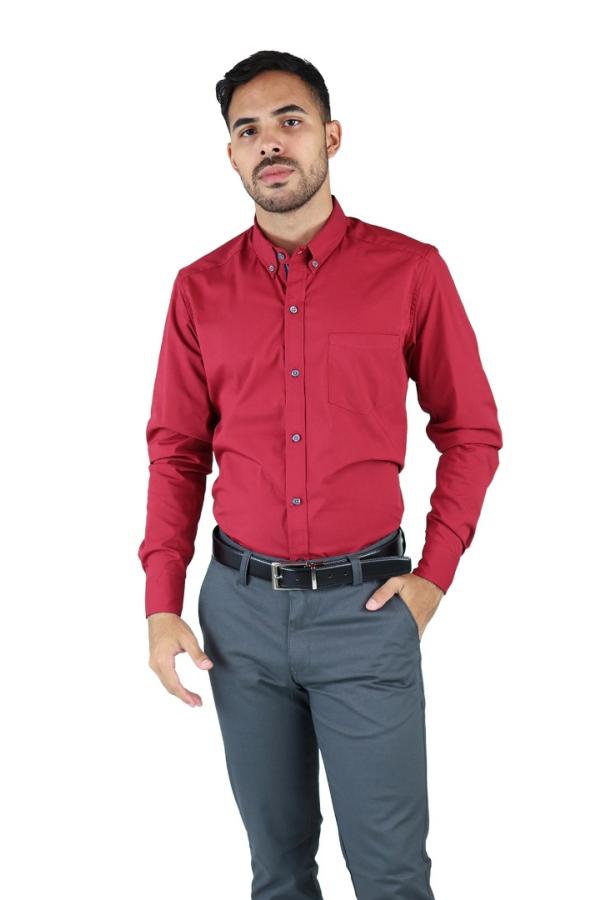Camisa Roja Manga Larga De Vestir Para Hombre Slim Fit Estilo Casual