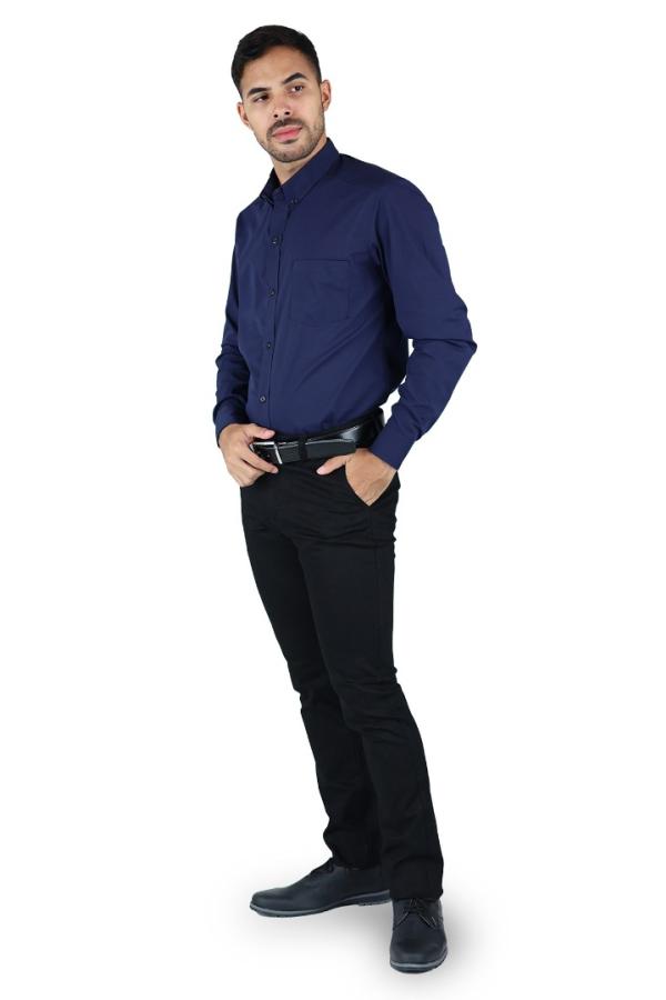 Camisa Azul Marino Slim Fit para Hombre Manga Larga Moda Casual